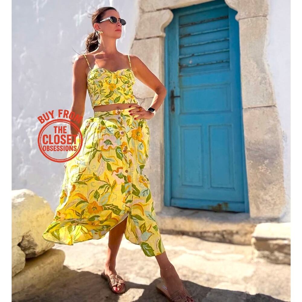 Zara Floral Co Ord Set Corset Top Midi Skirt Linen Blend Vacation Outfit NWT - Picture 15 of 16